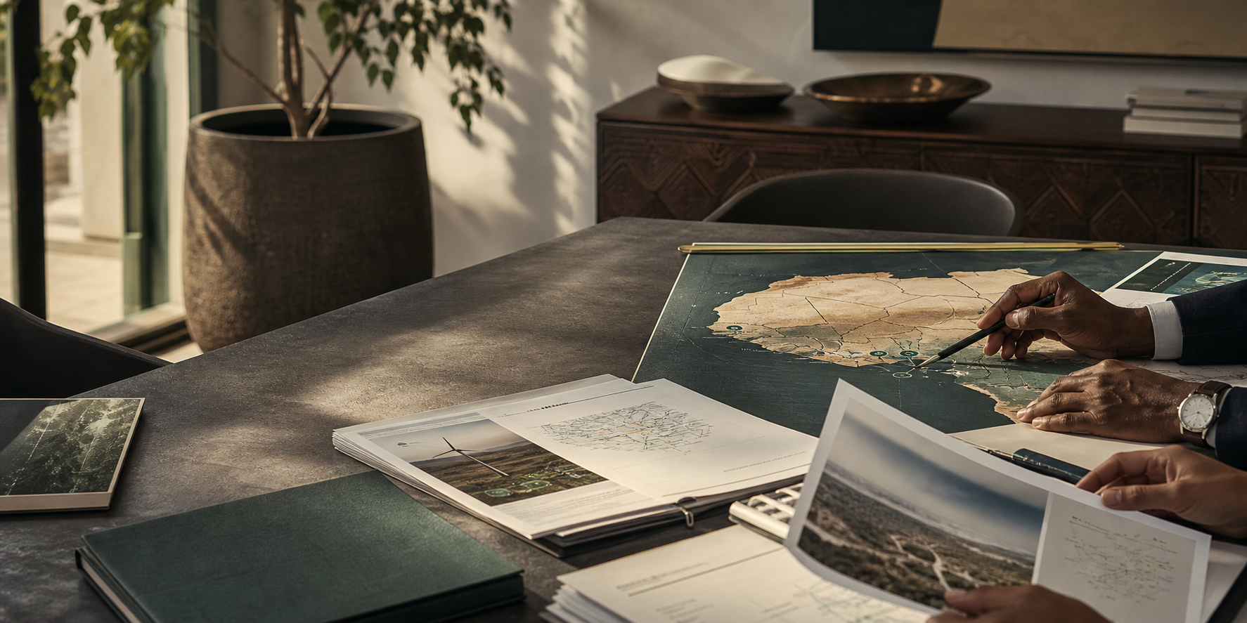 Investment materials and a regional Africa map on an institutional desk.