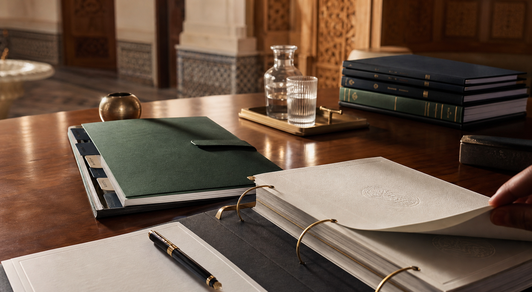 Governance dossiers arranged on a formal boardroom table.